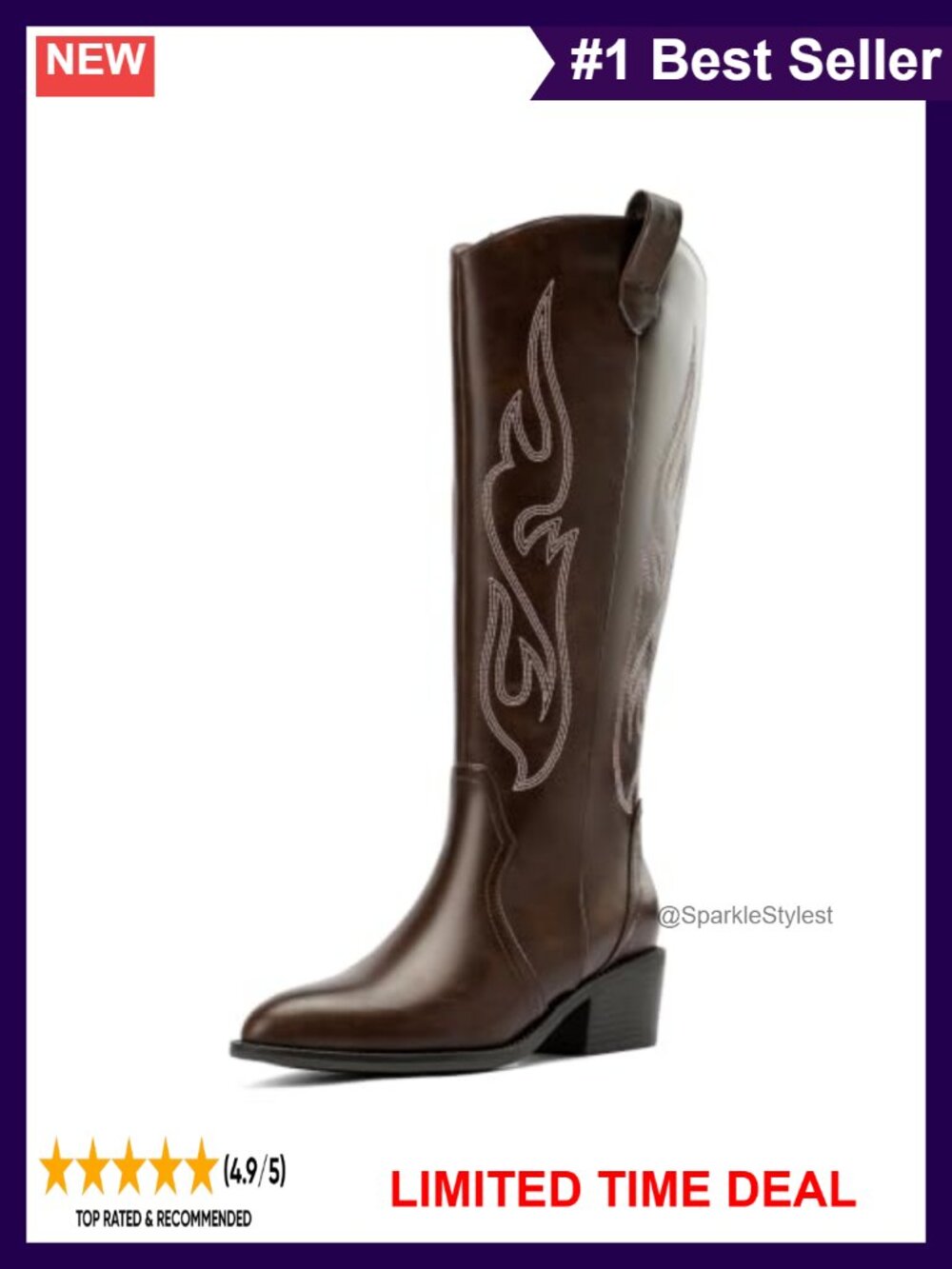 Wide Calf Cowboy Boots Knee High Western Boots Pointed Toe Chunky Heel Side Zip